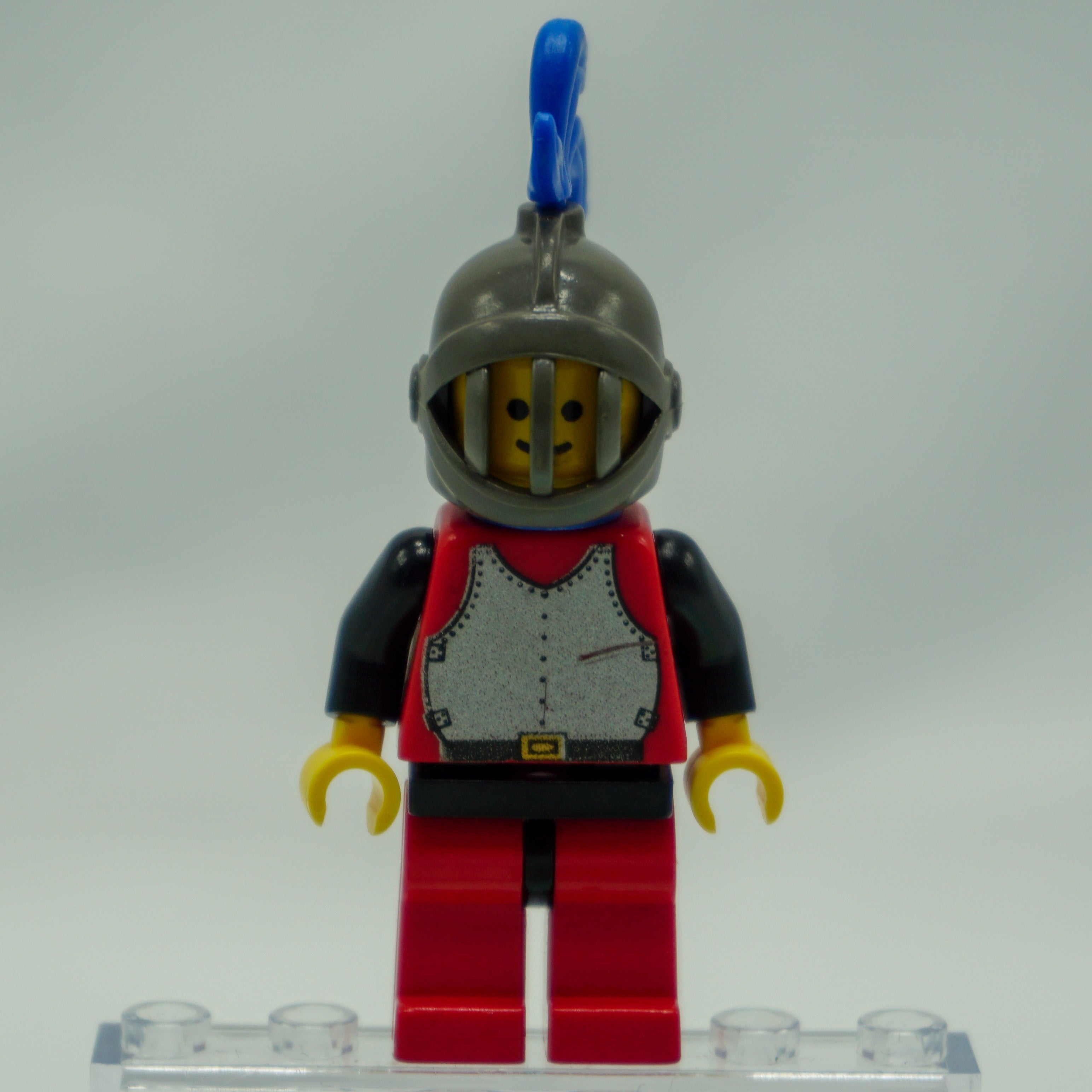 Minifig cas192 - Breastplate - Red with Black Arms, Red Legs with Black Hips, Dark Gray Grille Helmet, Blue Plume, Blue Plastic Cape
